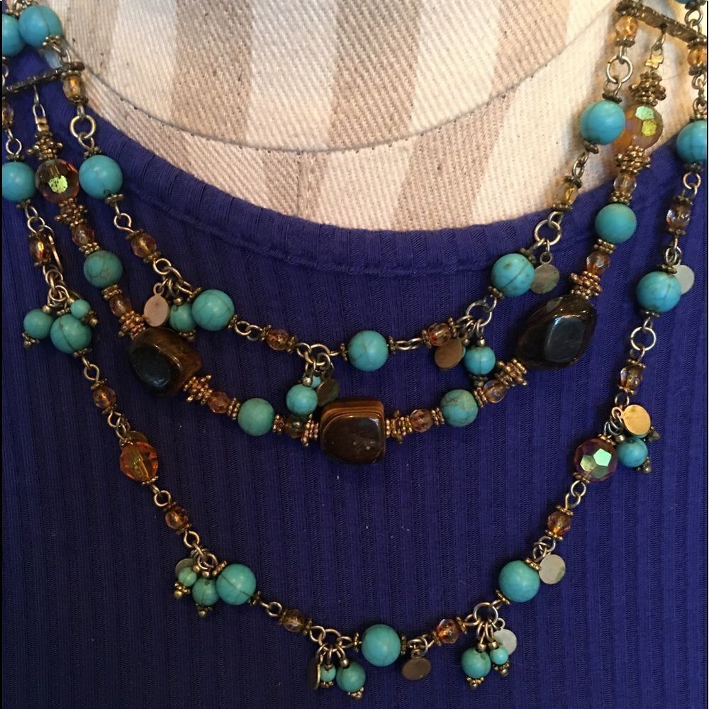 BROWN & Blue three tier Necklace